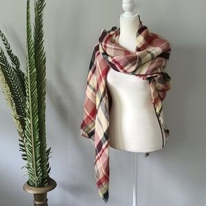 Black, red, & tan plaid square blanket scarf NWOT